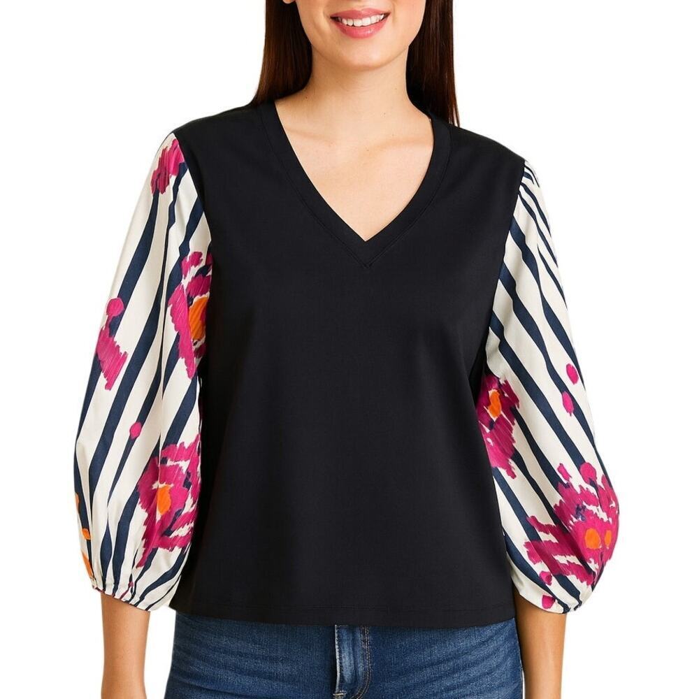 Vilagallo Eugen Balloon Sleeve Blouse Shirt V Neck Floral Stripe Navy Size XS